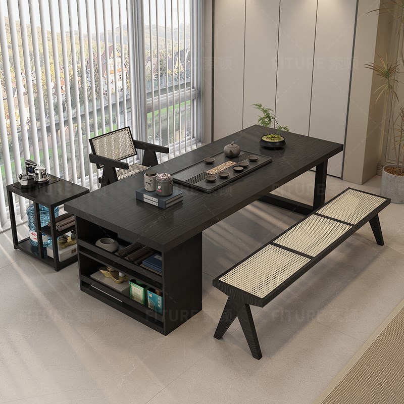 阳台实木侘寂风茶桌椅组合办公室C客厅泡茶台原木大板黑色阳台泡