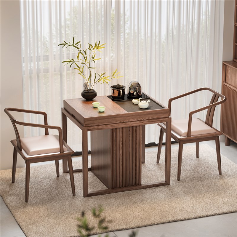 实木现代b简约阳台茶桌椅组合推拉茶台家用中式小户型方形桌泡茶