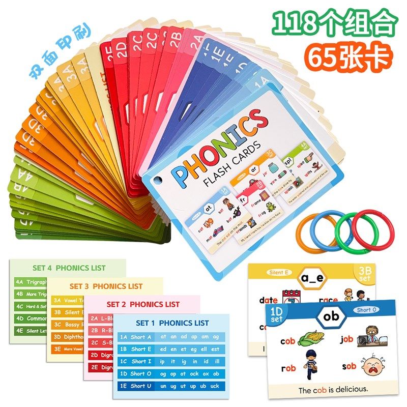 Phonics英文自然拼读单词x记忆卡118组词根拼读小学生学习教具卡