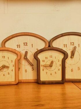 时钟风创意黑胡桃实木挂钟面包木原木墙面装饰樱桃吐司摆件可爱