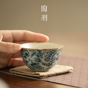 品茗杯复古功夫茶具 汝窑金万花茶杯单杯客杯主人杯开片可养中式
