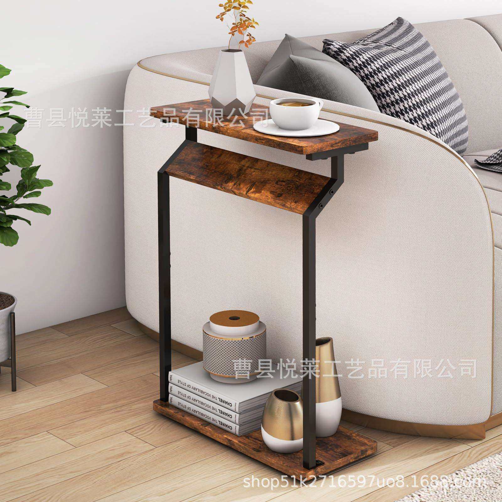美式乡村木质窄边桌客厅沙发边桌卧室乡村棕色实木沙发托盘桌支架