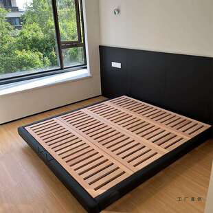 直观家具无床头床架2米x2米2主卧悬浮榉木黑色皮无靠背现代简约