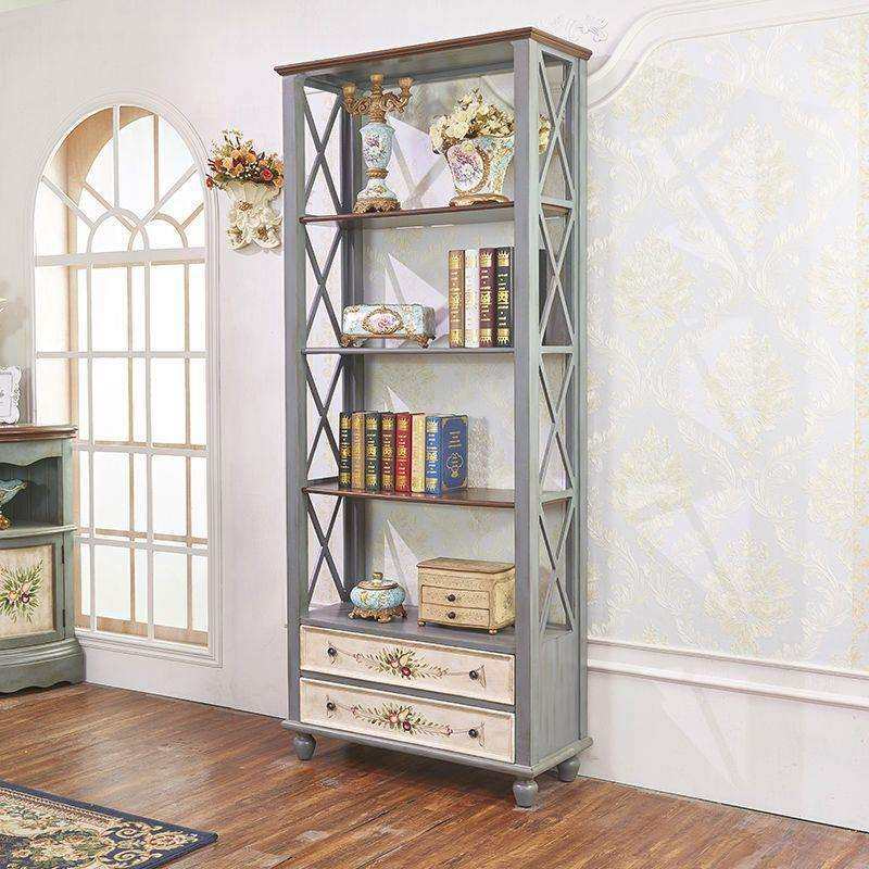美式乡村复古彩绘书橱书架地中海单个书柜欧式做旧高层展示柜隔断