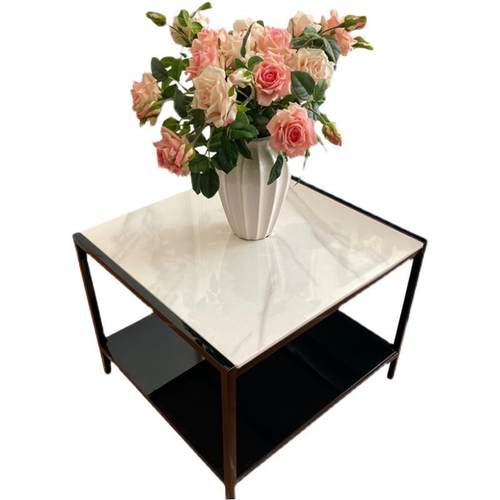 简约轻奢黑色不锈钢沙发方形亮光岩板边几极简侧边小茶几储物角几