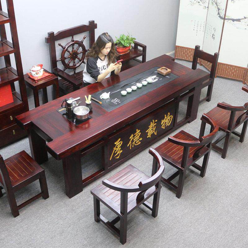 老船木茶桌组合实木茶几家用小茶台一桌五椅办公室套装一体泡茶桌