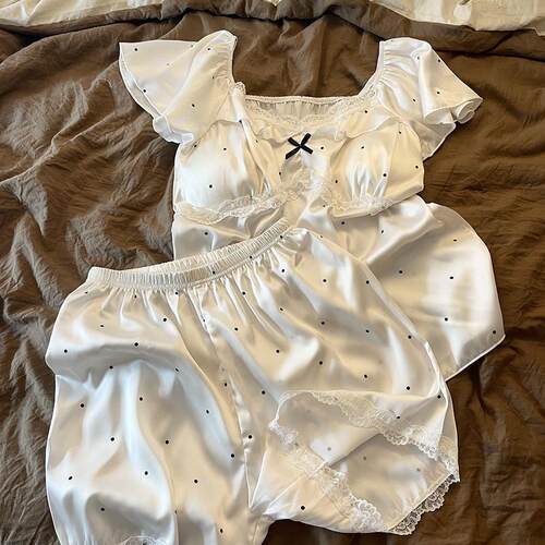 Sin Glee 少女蕾丝边波点冰丝睡衣女夏季小飞袖带胸垫家居服套装