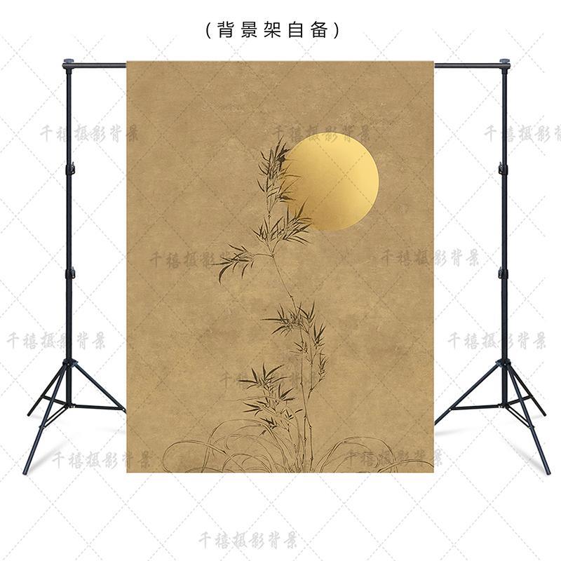 新中式古风竹子月亮摄影背景布 中国风拍照道具屏风拍照背景布