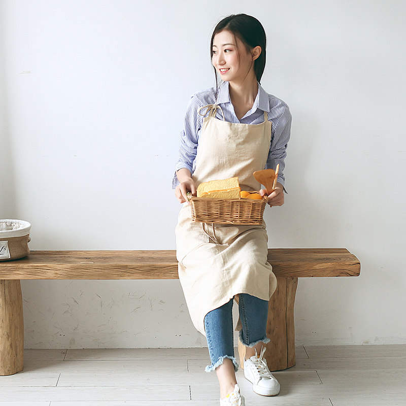 可爱时尚大码厨房夏简约纯色围裙女日式亚麻印logo手作工作服长款
