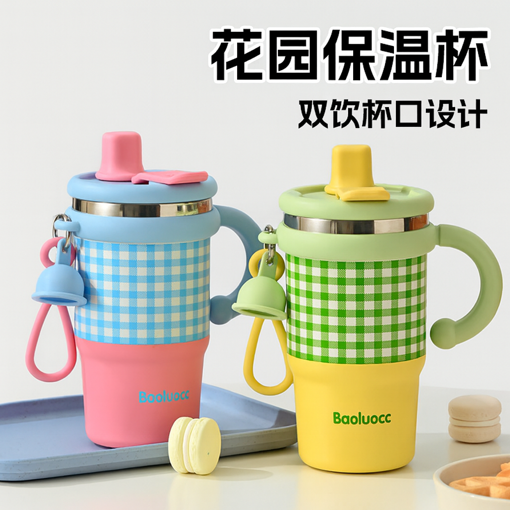 多巴胺花园~ins保温杯316高颜值把手双饮便携吸管杯桌面办公水杯