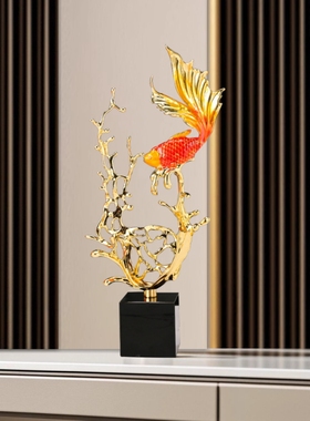 如鱼得水锦鲤金属高档o轻奢玄关酒柜新中式珐琅彩摆件乔迁开业饰