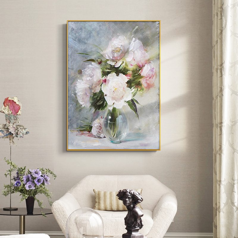 手绘油画竖版玄关饭厅挂画客厅餐柜过道入户手工花卉定制装饰画图片