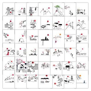 309张山水简笔画贴纸一学就会系列初学入门线描古风素材贴diy手账