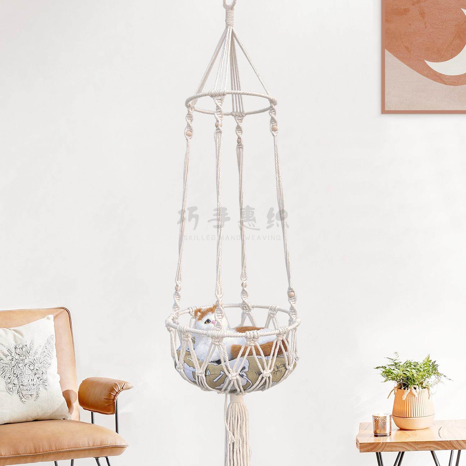 手工编织悬挂猫窝 宠物网兜悬挂猫咪吊篮 波西米亚风格猫窝吊床