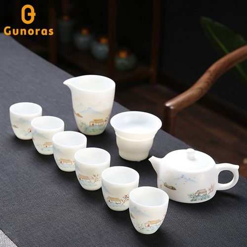 羊脂玉手绘茶具套装白瓷办公室会客功夫茶杯盖碗茶壶礼盒装送礼