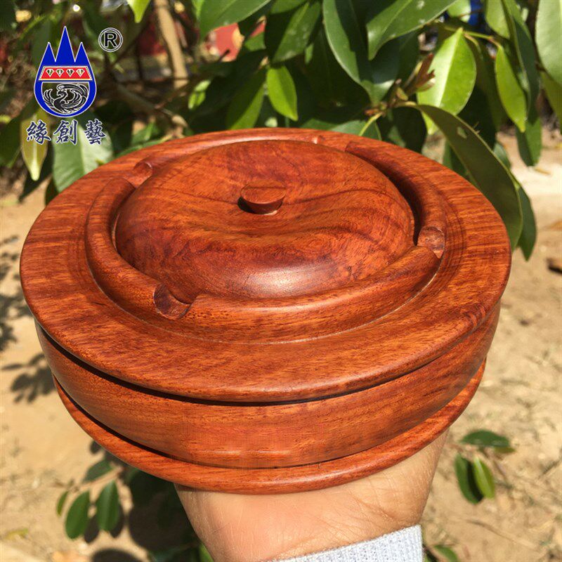 红木防飞灰烟灰缸缅甸花梨原木带盖子整实木质家用加厚烟灰缸摆件