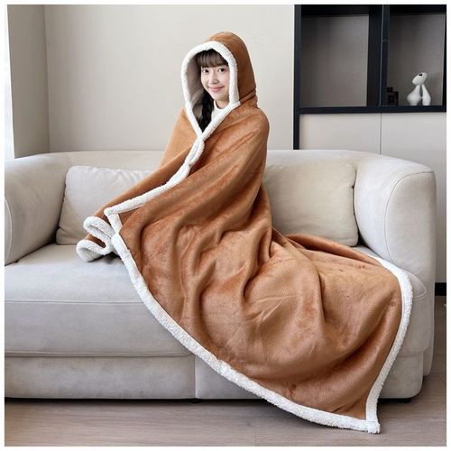办公室午睡毯沙发盖毯冬季加厚午休懒人空调披肩小毯子带帽绒毯