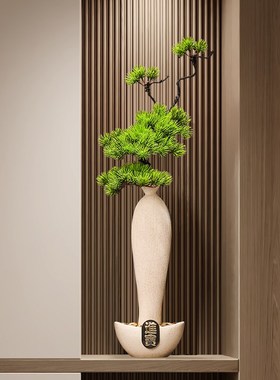 新中式招财元宝陶瓷细长高花x瓶入户玄关摆件客厅迎客松装饰高级