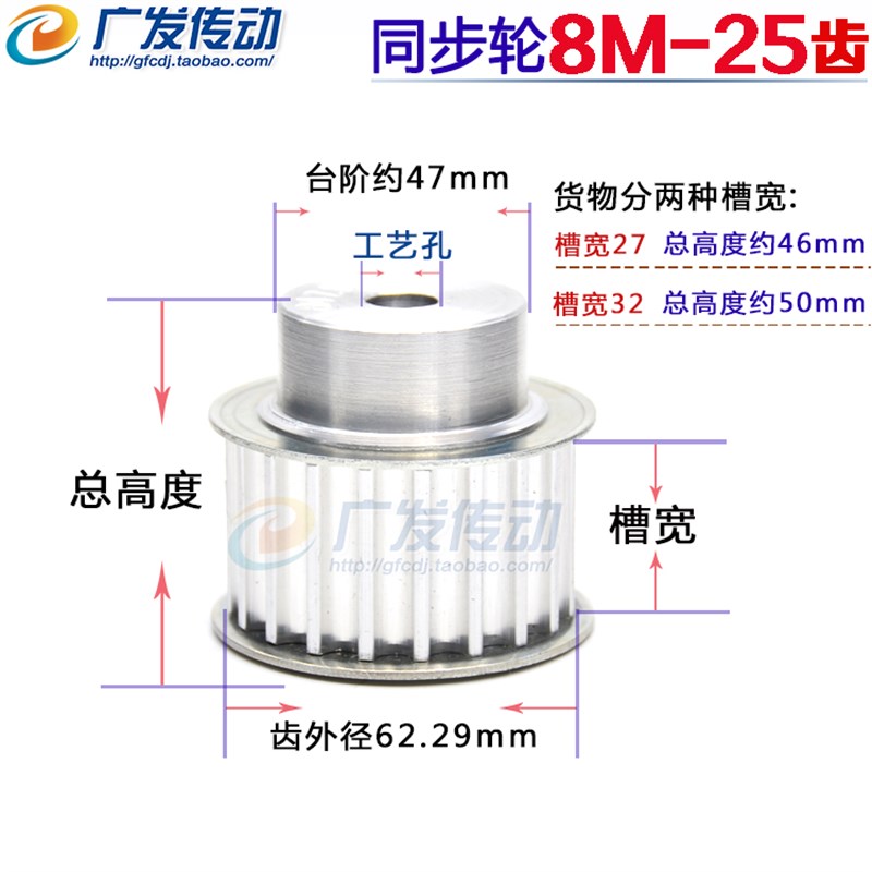8M25齿 铝合金同步带轮 同步轮8M2G5T 齿数25  带宽27/32