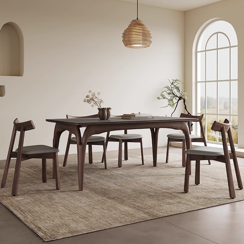 北欧白蜡木实木餐桌高端中古风胡桃J木色现代简约岩板餐桌椅