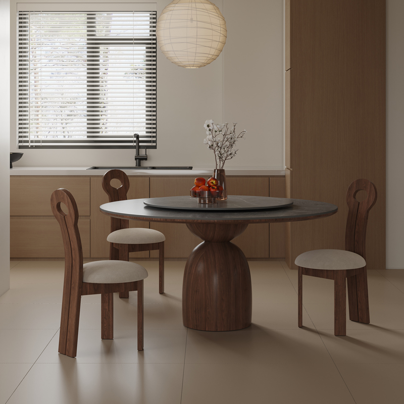 明匠轩复古胡桃木风实木圆桌家用小户型圆形饭桌法式圆餐桌椅组合