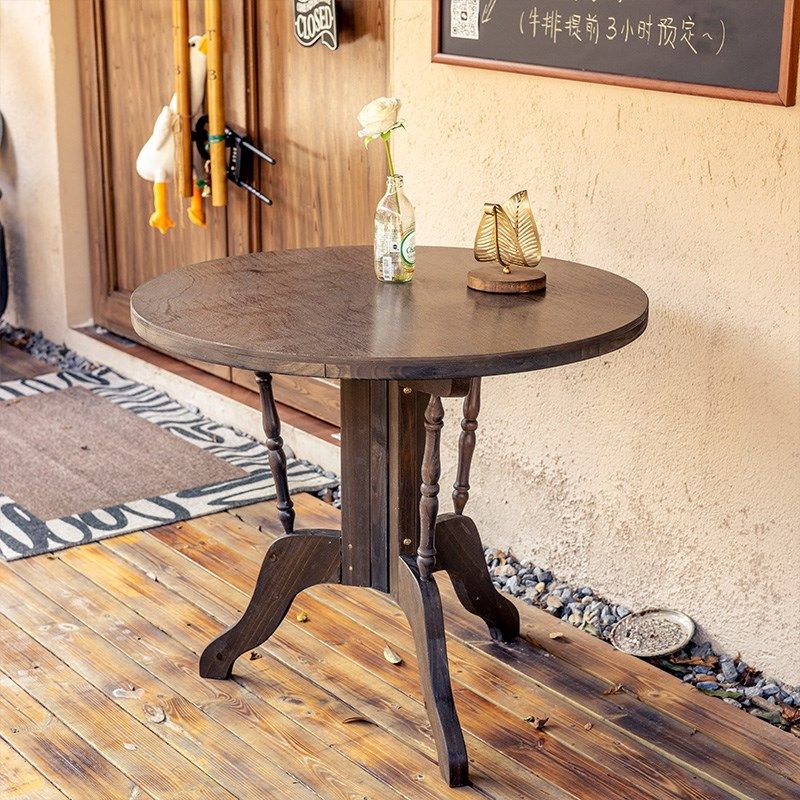 实木圆桌做旧复古圆形饭桌阳台庭院餐桌椅木质法式茶桌折叠咖啡桌