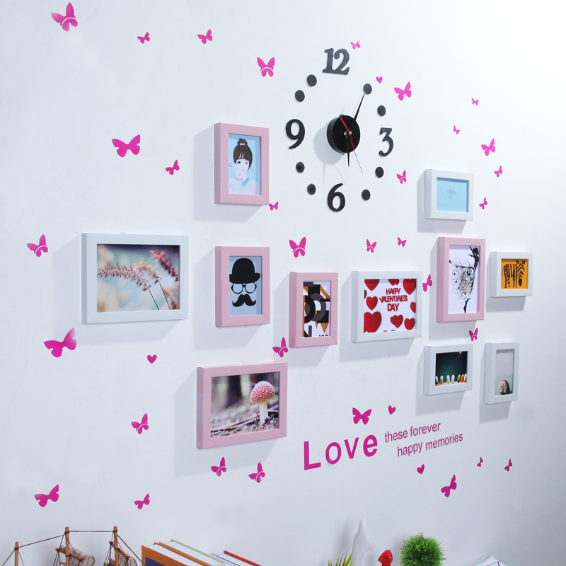 简约现代客厅照片墙 餐厅相框墙 欧式创意背景挂墙相片墙带钟表