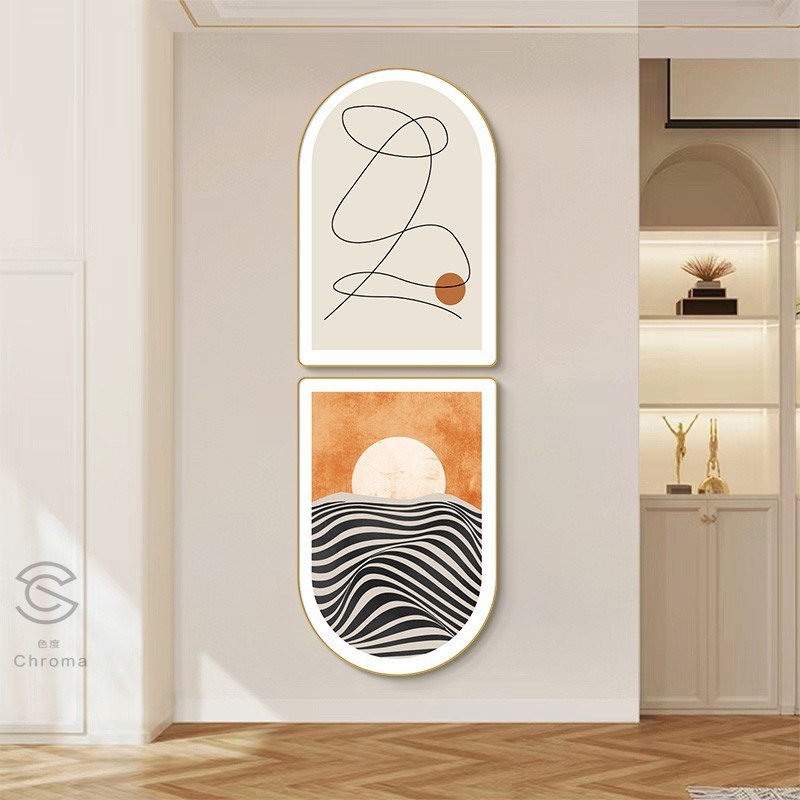 复古奶油风玄关装饰画原木风拱形艺术画走廊过道双联挂画抽象民宿