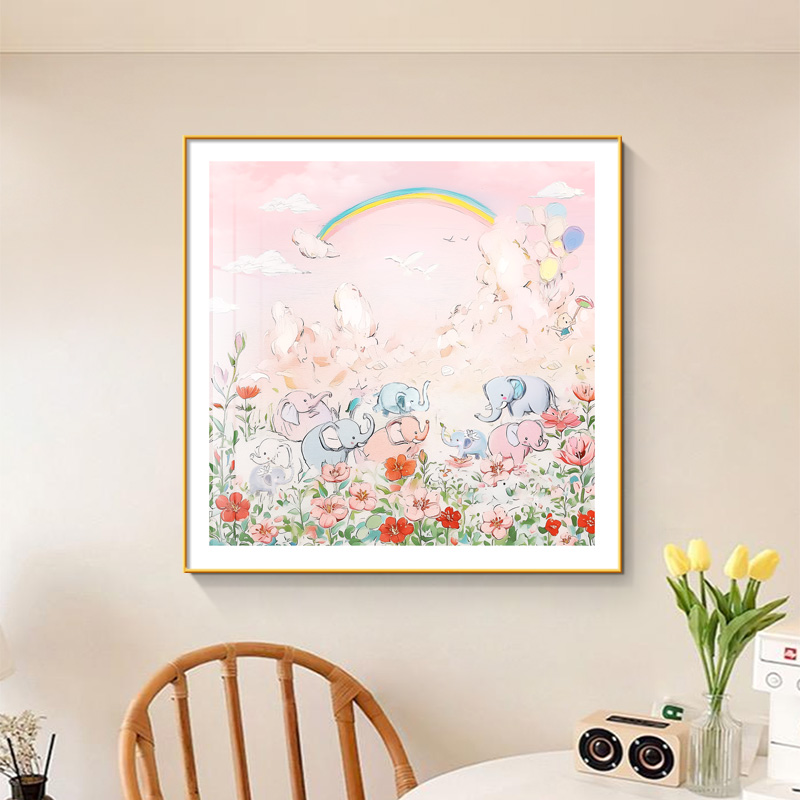 奶油风小象餐厅装饰画吉祥如意小众可爱儿童房挂画抽象肌理感壁画图片