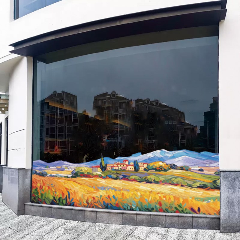 油画风麦田风景玻璃贴纸静电艺术底纹幼儿园画室橱窗玻璃门装饰图片