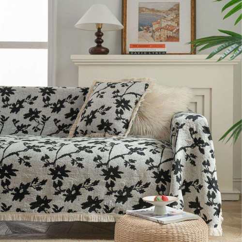 伊缦琪韵沙发巾防猫抓提花黑色花朵复古厚实沙发盖毯工厂直供