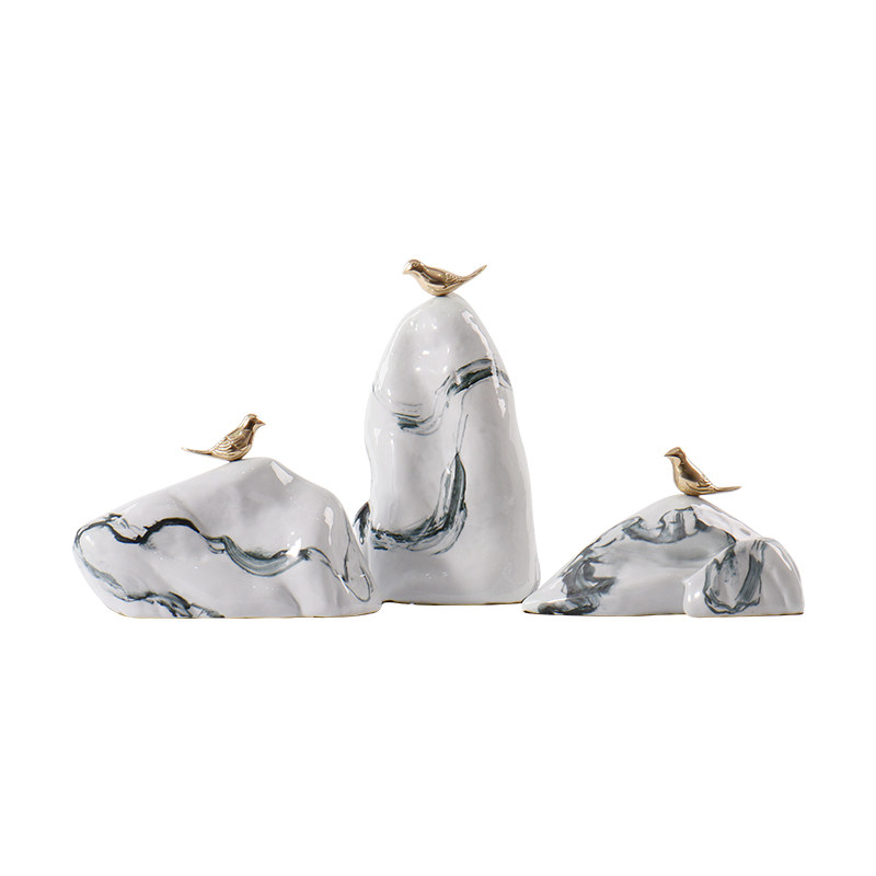 新中式禅意陶瓷假山摆件样板房洽谈室客厅玄关办公室书房软装饰品