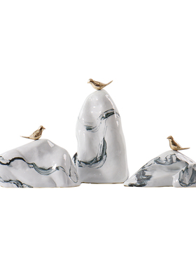 新中式禅意陶瓷假山摆件样板房洽谈室客厅玄关办公室书房软装饰品