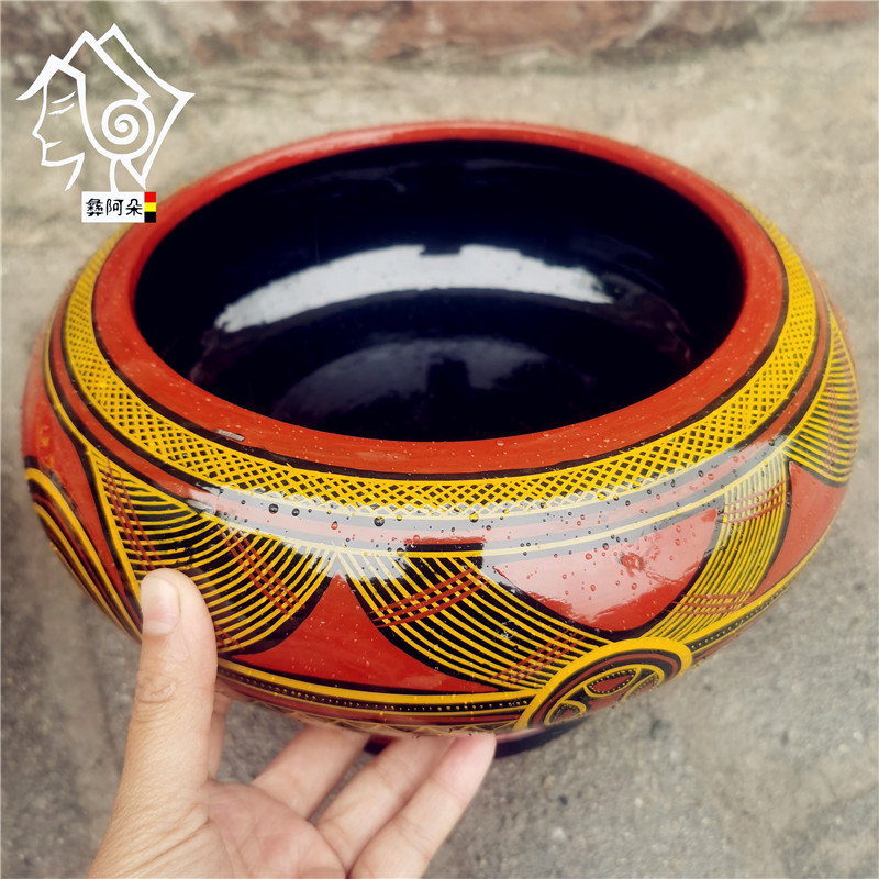 凉山彝族实木手绘漆器餐具高脚汤钵枯木少数民族风家居装饰品摆件
