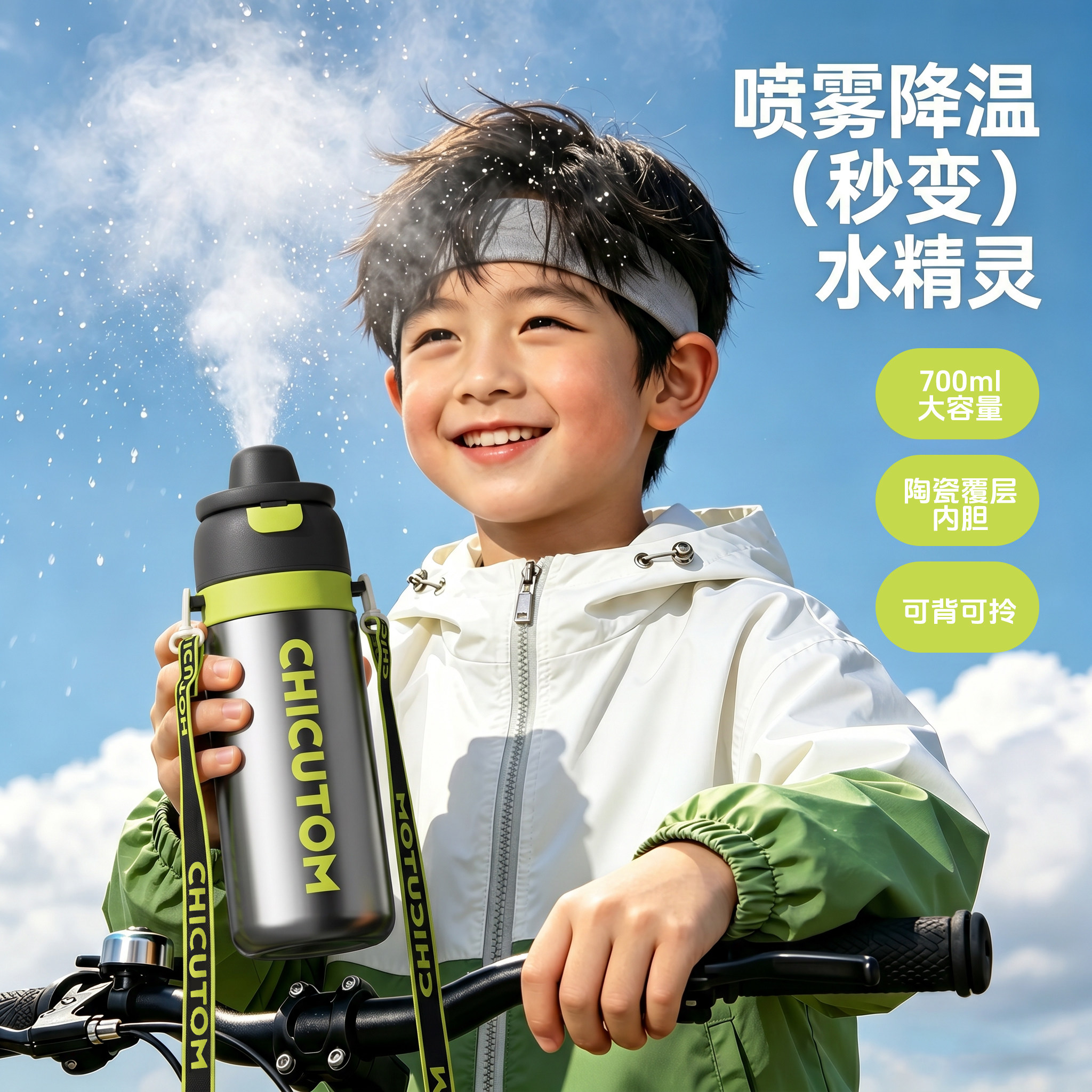 奇古堂喷雾降温户外水杯学生男孩外出便携式旅行水壶高颜值保温杯