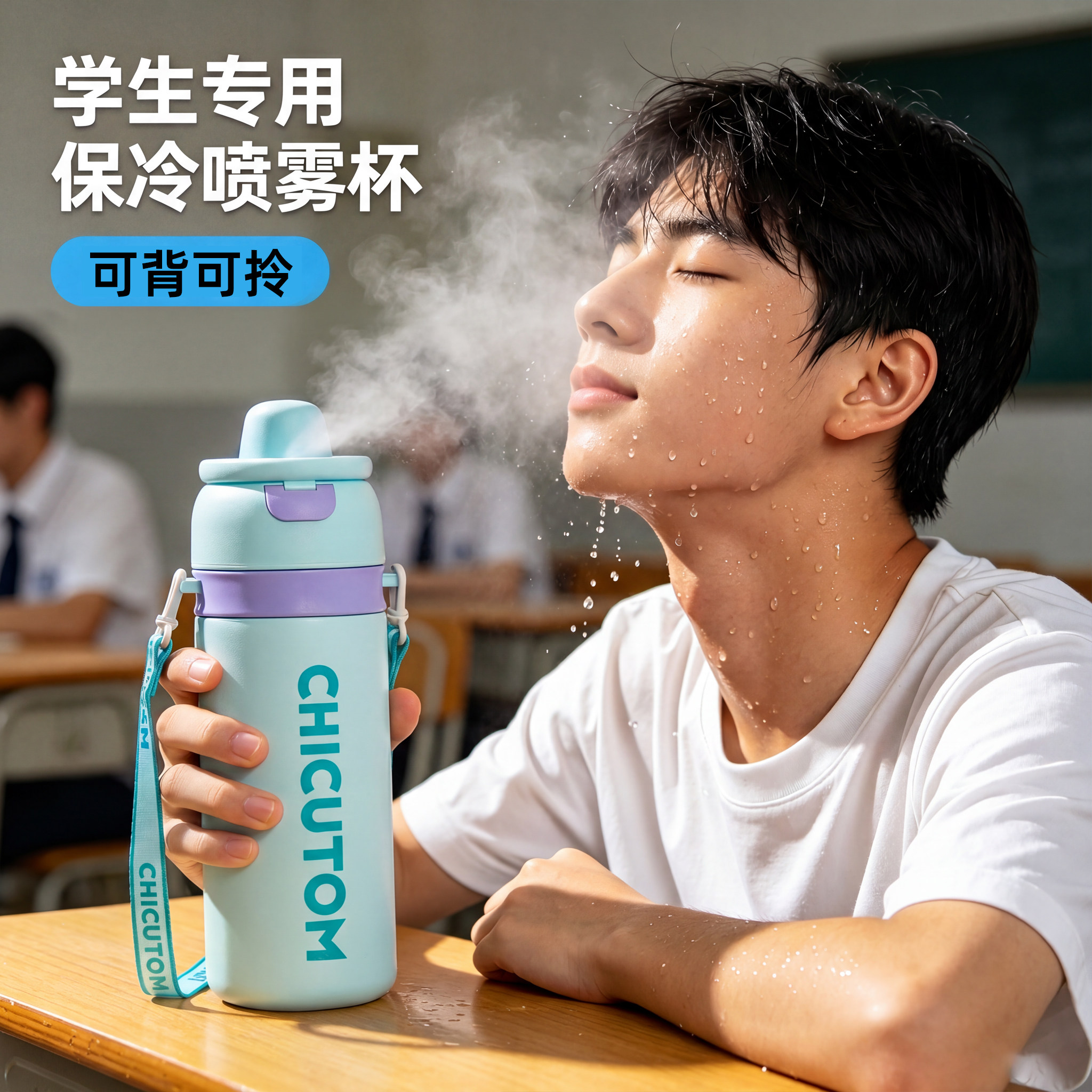 奇古堂喷雾水杯学生上学专用儿童男孩保温杯陶瓷覆层内胆斜挎水壶