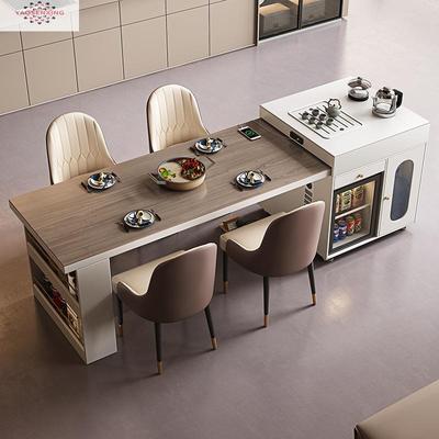 轻奢岛台餐桌一体2025新款实木纹岩板可伸缩家用厨房中导台桌组合