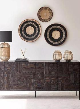 北欧复古轻奢柚木塔瓦雕花餐边柜中古工业风实木玄关柜卧室电视柜