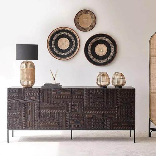 北欧复古轻奢柚木塔瓦雕花餐边柜中古工业风实木玄关柜卧室电视柜