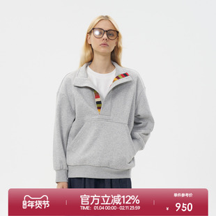 ROLLCALL25秋季新款简约纯色半开襟套头卫衣拼接单件套头长袖上衣