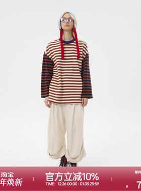 ROLLCALL25早秋新款黄色拼接条纹长袖T恤简约创意设计宽松上衣女