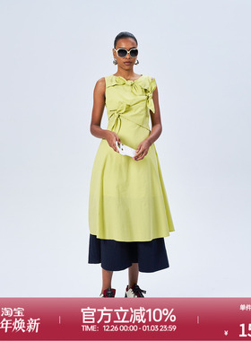 ROLLCALL25新款纯色绑带收腰系结无袖连衣裙圆领长裙显瘦百搭