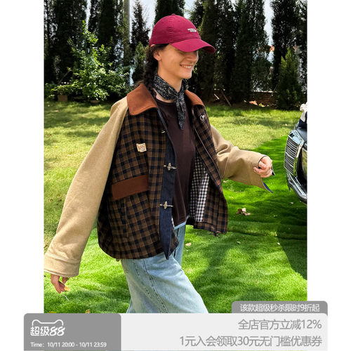 ROLLCALL复古格纹翻领塔扣短外套