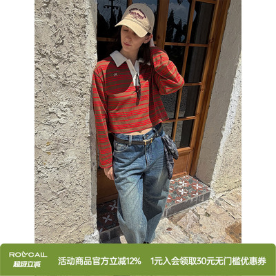 ROLLCALL「古力娜扎」同款 红色POLO领条纹长袖T恤亨利领上衣