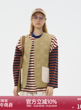 ROLLCALL25秋季新款卡其色绗缝圆领单排扣拼色马甲叠穿休闲上衣