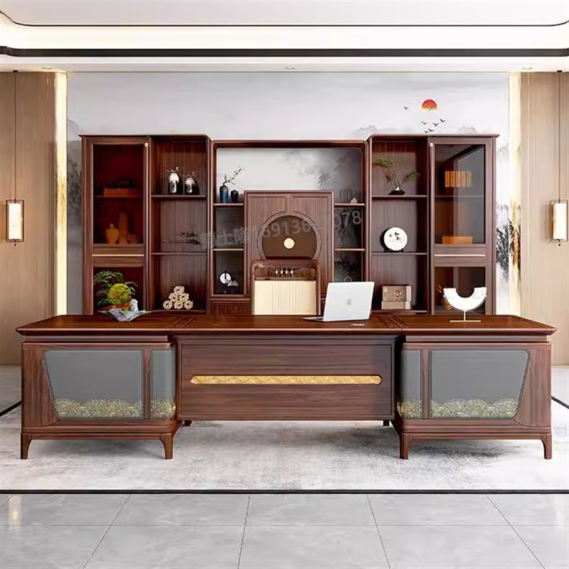 新中式实木老板桌办公桌轻奢高级感大班台现代简约总裁.桌中式班