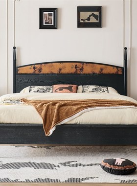 法式复古实木床1.8米中古风黑色云梦白蜡木双人床创意设计师卧室