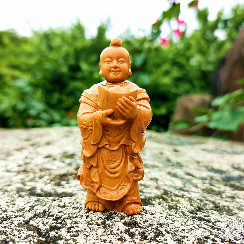 黄杨木雕招财童子家居茶宠金童玉女原木雕刻随身文玩工艺品手把件