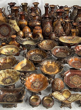 孤品-欧式复古陶瓷手绘花瓶果盘宫廷风餐厅客厅茶几桌面装饰摆件