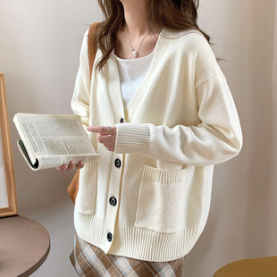 100%棉 纯棉抗起球红色针织开衫女春秋冬宽松高级感简约毛衣外套